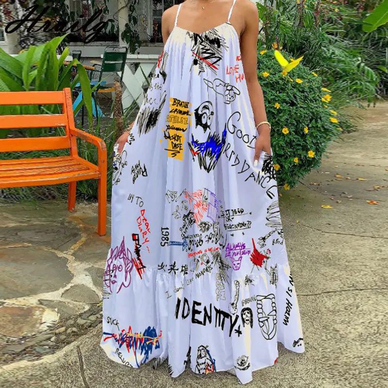 

2026 Sexy Summer Dress Women Print Spaghetti Strap Sleeveless Maxi Dress Fashion Pocket Loose Slip Dress Sukienki Letnie S белый