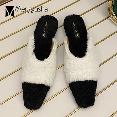 Fashion Black White Mixed Color Fur Slippers Women Wool Mules Winter Warm Plush Shoes Female Cozy Pantuflas Cover Toe Fleeces Slides