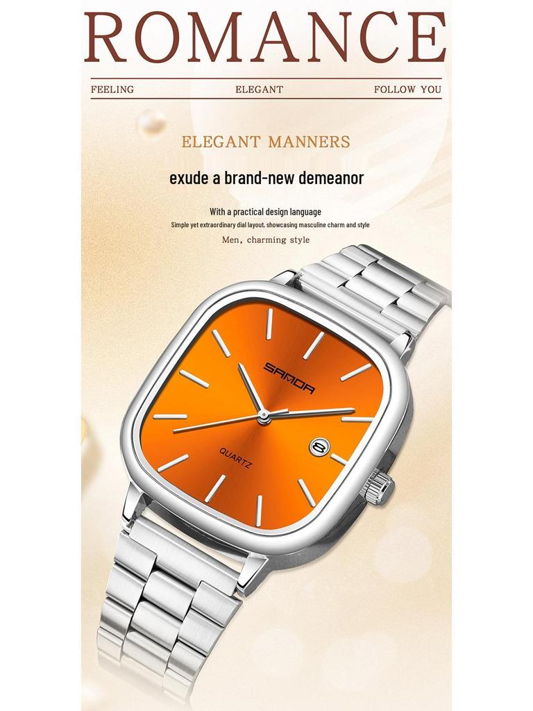 Retro Light Luxury Gold Square Watch with Large Dial and Calendar - High-Value Steel Band for Couples