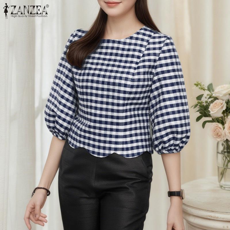 ZANZEA Women Retro Plaid Print Casual 3/4 Sleeve Blouse