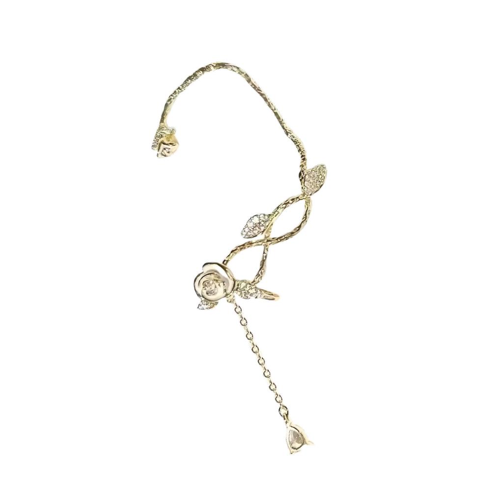 Elegant Camellia and Tassels Ear Cuff Sparkling Zircon Flower Clip On Earring Accessory for Women Fashion Jewelry