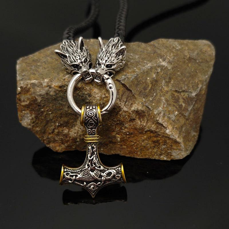 Nordic Viking Leather Necklace Crafted Hammer Celtic Wolf Head Necklace Men's Long Jewelry
