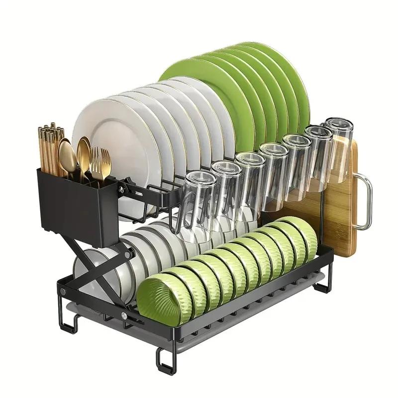 

2-Tier Foldable Dish Storage Rack with Drip Tray, Countertop Kitchen Organizer, Easy to Install Plate & Bowl Drying Shelf 2-tier чёрный