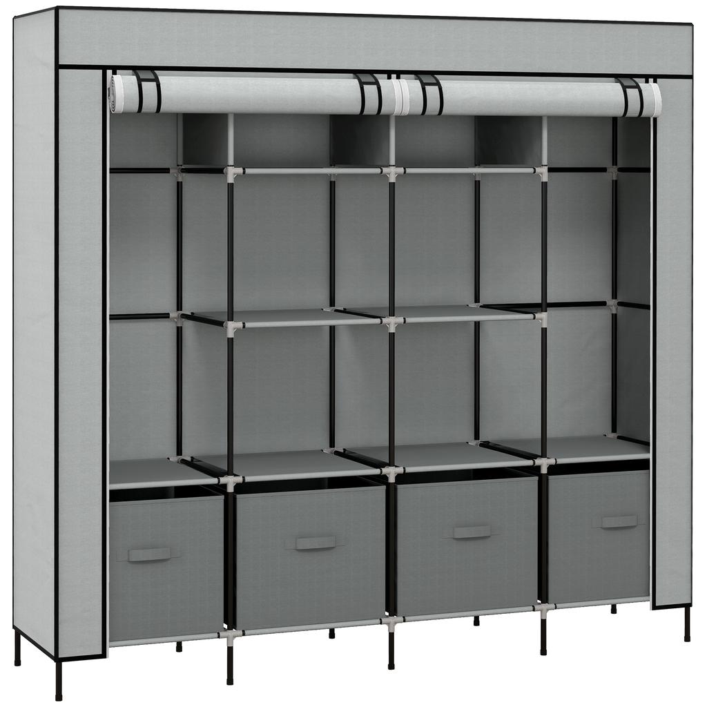 Wardrobe Fabric Wardrobe, Doors, 2 Clothes Rails, 10 Compartments, Grey