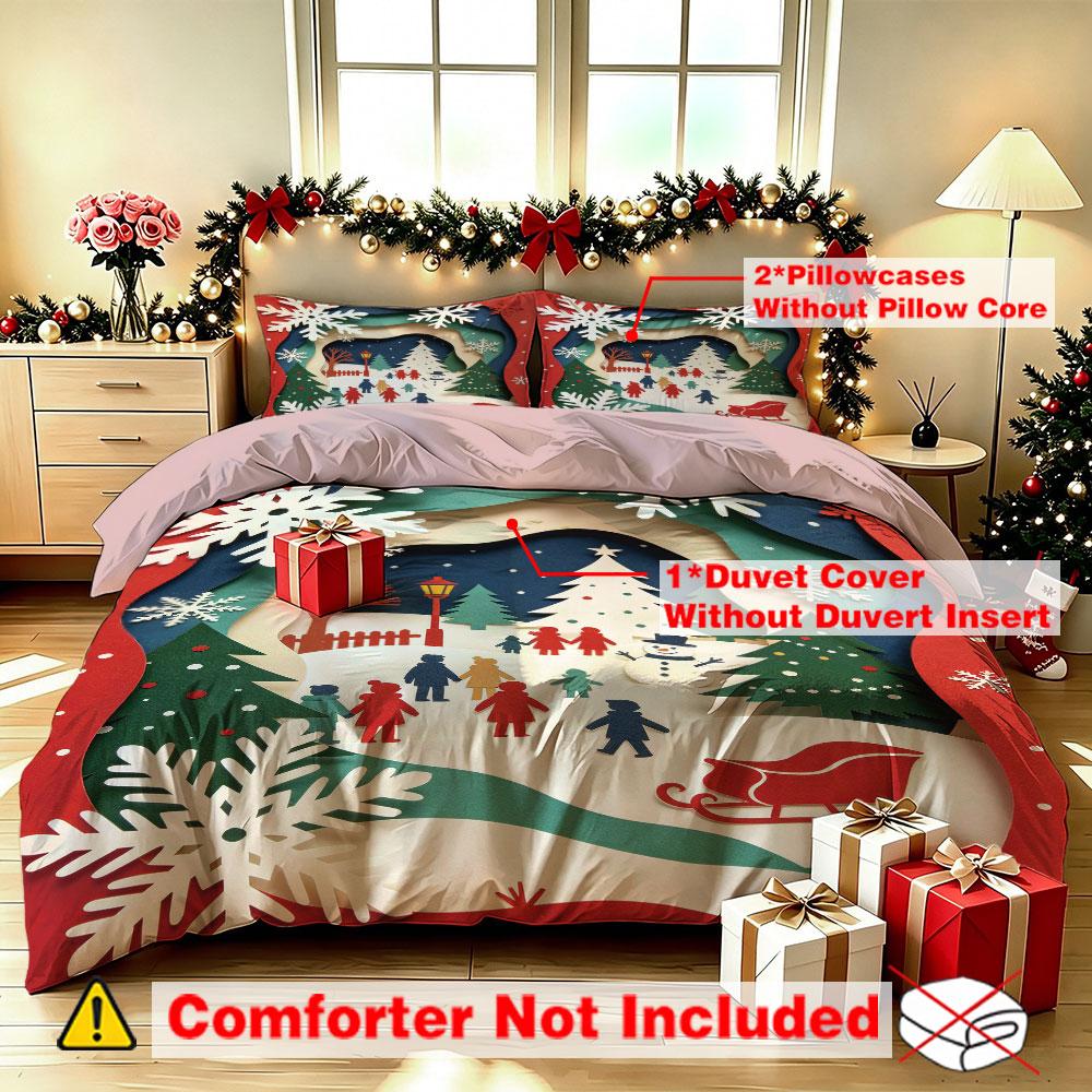 Christmas Duvet Cover Set 3Pcs 3D Paper Cut Winter Village Snow Print Soft Microfiber Bedding with Pillowcases