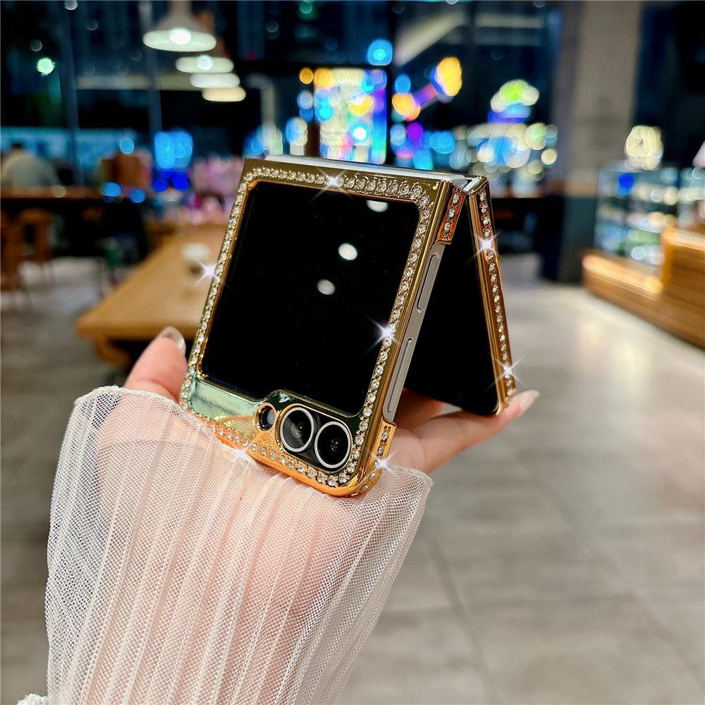 Woven Pattern Diamond Ring Holder Electroplating Case For Samsung Galazy Z Flip 6 5 4 3 Flip5 flip4 Flip3 Cover Funda