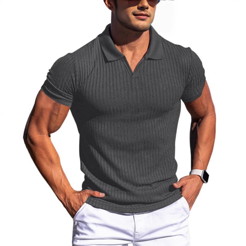 Men's Slim Fit Ribbed Polo Shirt Short Sleeve V Neck Casual Gray Knit Top