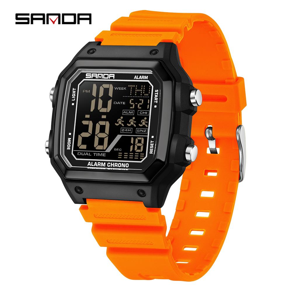 Sanda 6380 Fashion Men's Electronic Led Digital Watch Sports Night light Multi Functional Waterproof Student Timing Alarm Clock