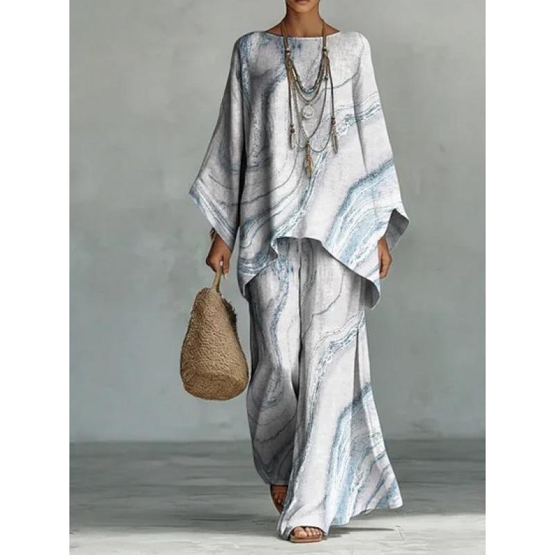 Y116 Summer Loose Bat Sleeve Top Wide Leg Pants Two-piece Women's Clothing European and American Fashion Suit