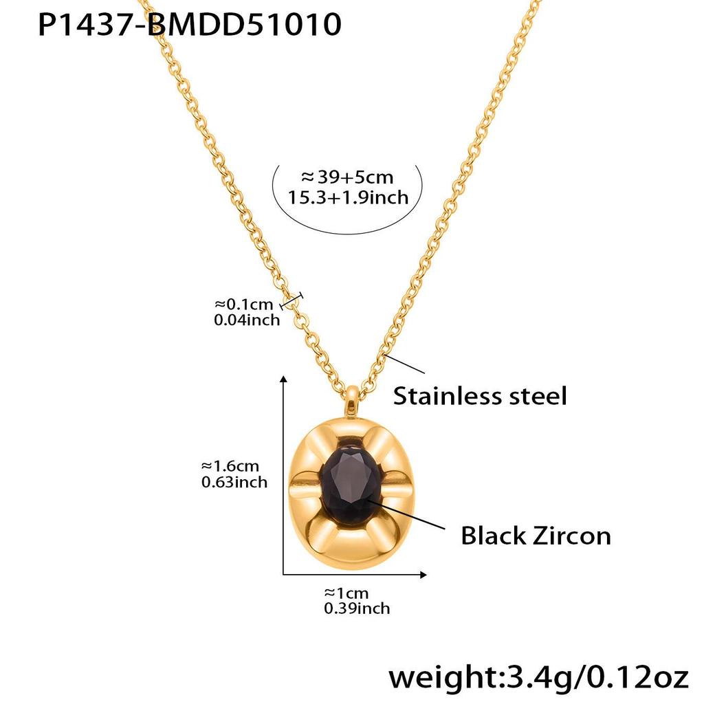 Qiong Yao Geometric Oval Black Zircon Pendant Clavicle Chain - Light Luxury Stainless Steel Jewelry
