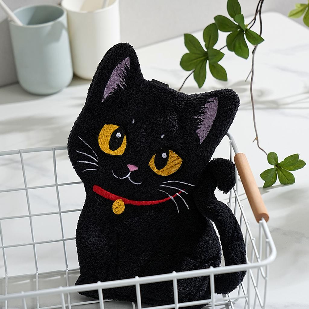 Black Cat Embroidered Hand Towel, Coral Fleece Super Absorbent Quick-Dry Hanging Bathroom and Kitchen Finger Towel