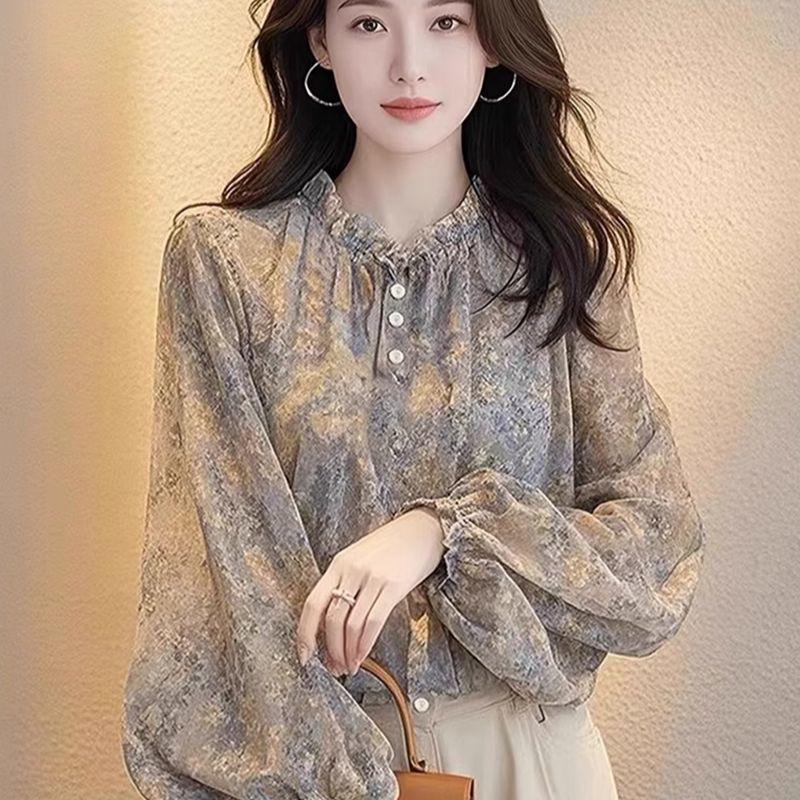 Temperament Chiffon Small Shirt French Floral Lantern Sleeve Shirt Women's Spring and Summer Sunscreen Long-sleeved Thin Top Sunscreen