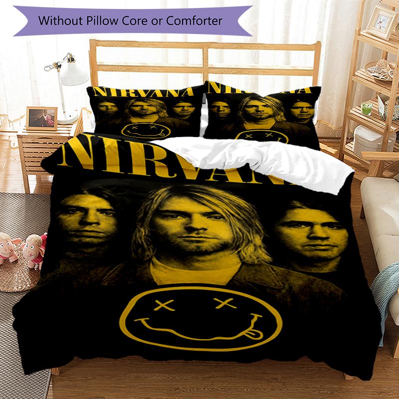 Smiley Nirvana Design Bed Bedding Set 1 Duvet Cover + 2 Pillowcases Soft Breathable Household Bed Linens