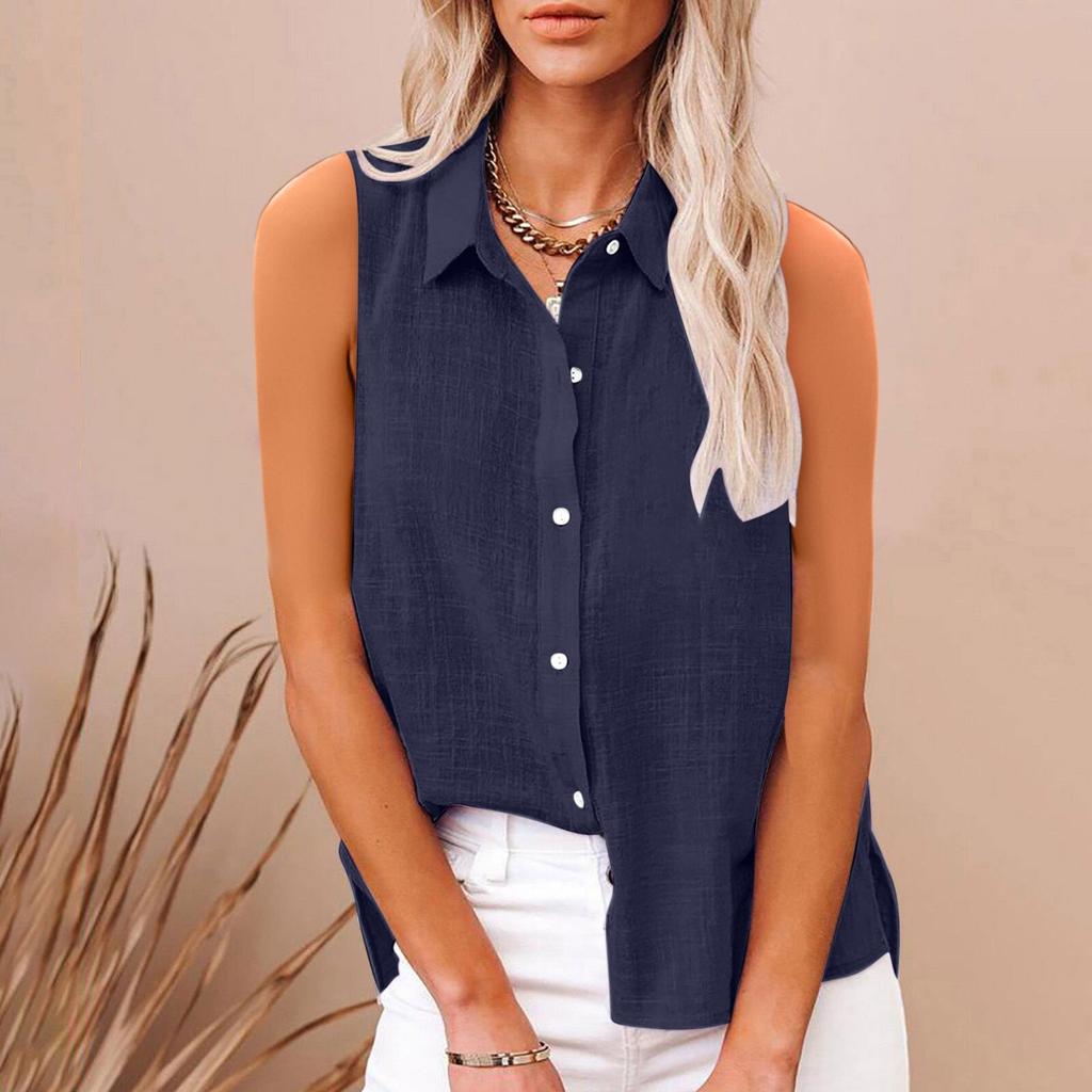 2025 European and American summer popular lapel cotton and linen buttons, sleeveless shirts women's clothing, shirts