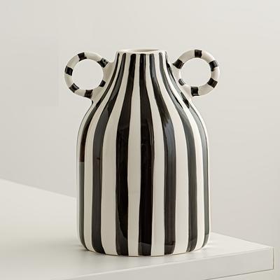 Hand-Painted Ceramic Vase with Dual Handles - Striped, Cylinder Design for Living Room Decor, Earthenware, Decorative Ornaments