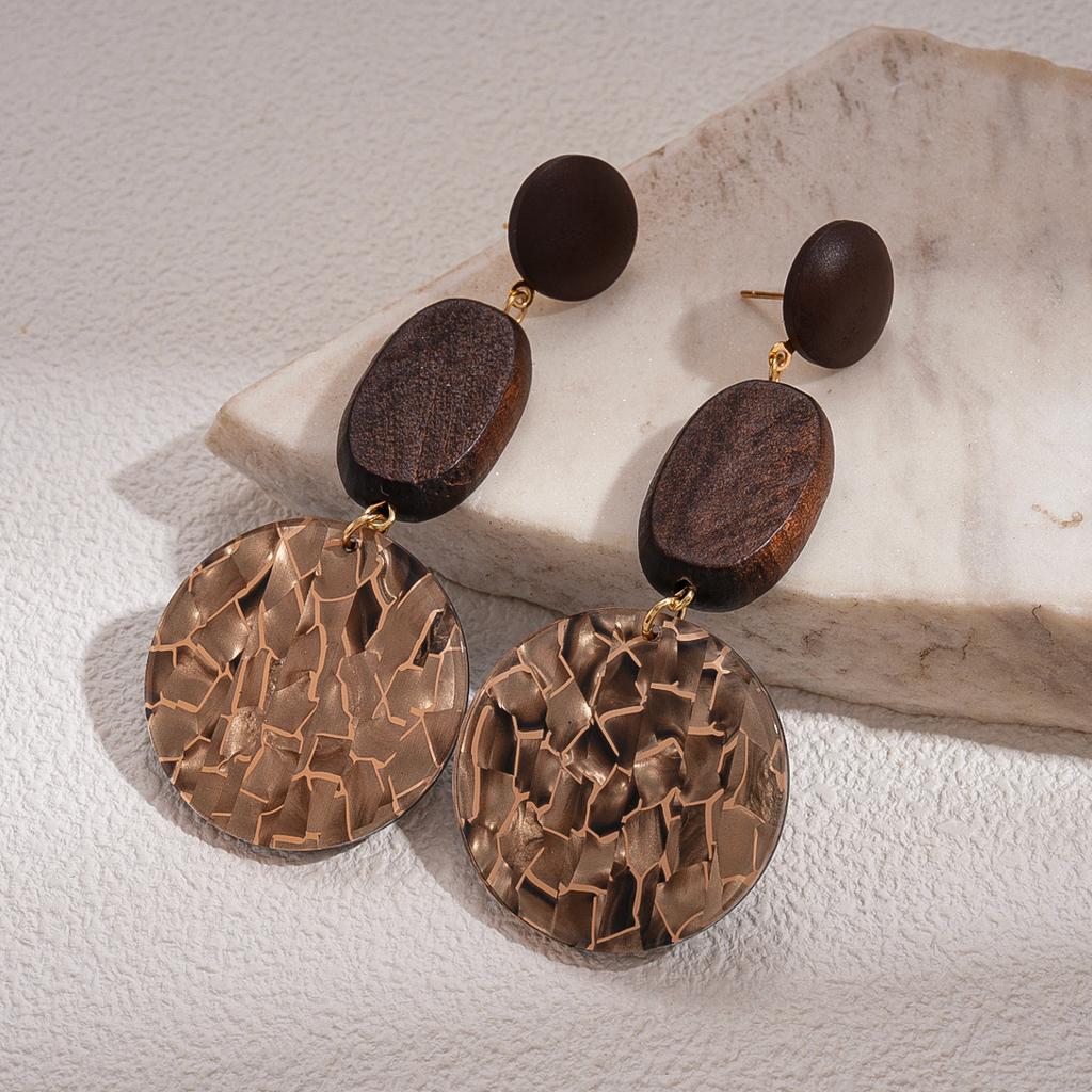 Wood acrylic leopard print hollow geometric round silver needle earrings autumn and winter retro earrings
