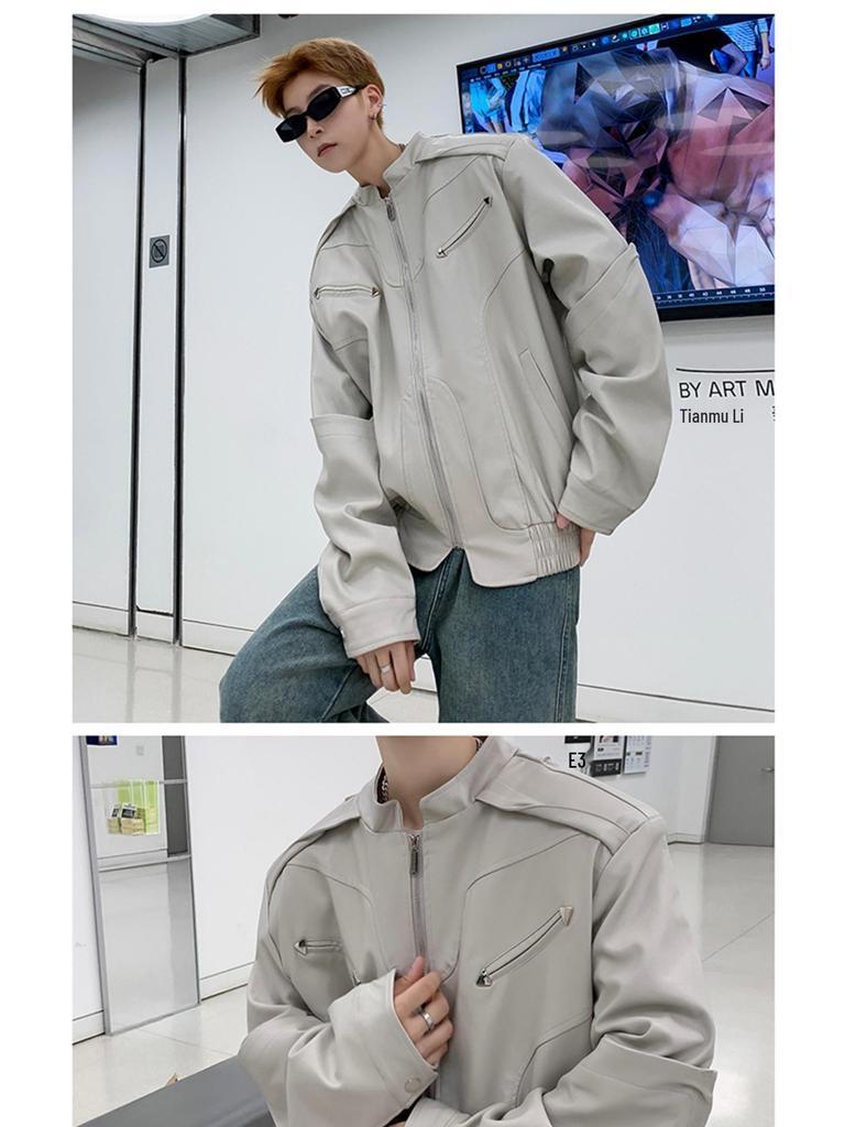 Men's High-End Short Leather Motorcycle Jacket - Trendy Spring/Autumn Street Style with Stand-up Collar