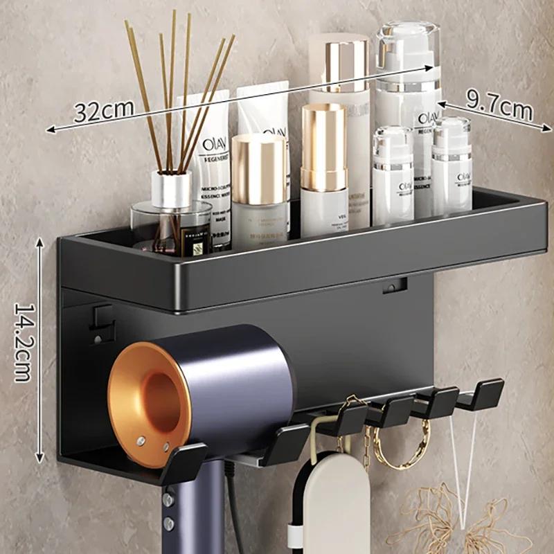Bathroom Shelf Makeup Storage Organizer Carbon Steel Hair Dryer Holder Bathroom Accessories Wall Shelf with Cup Hook