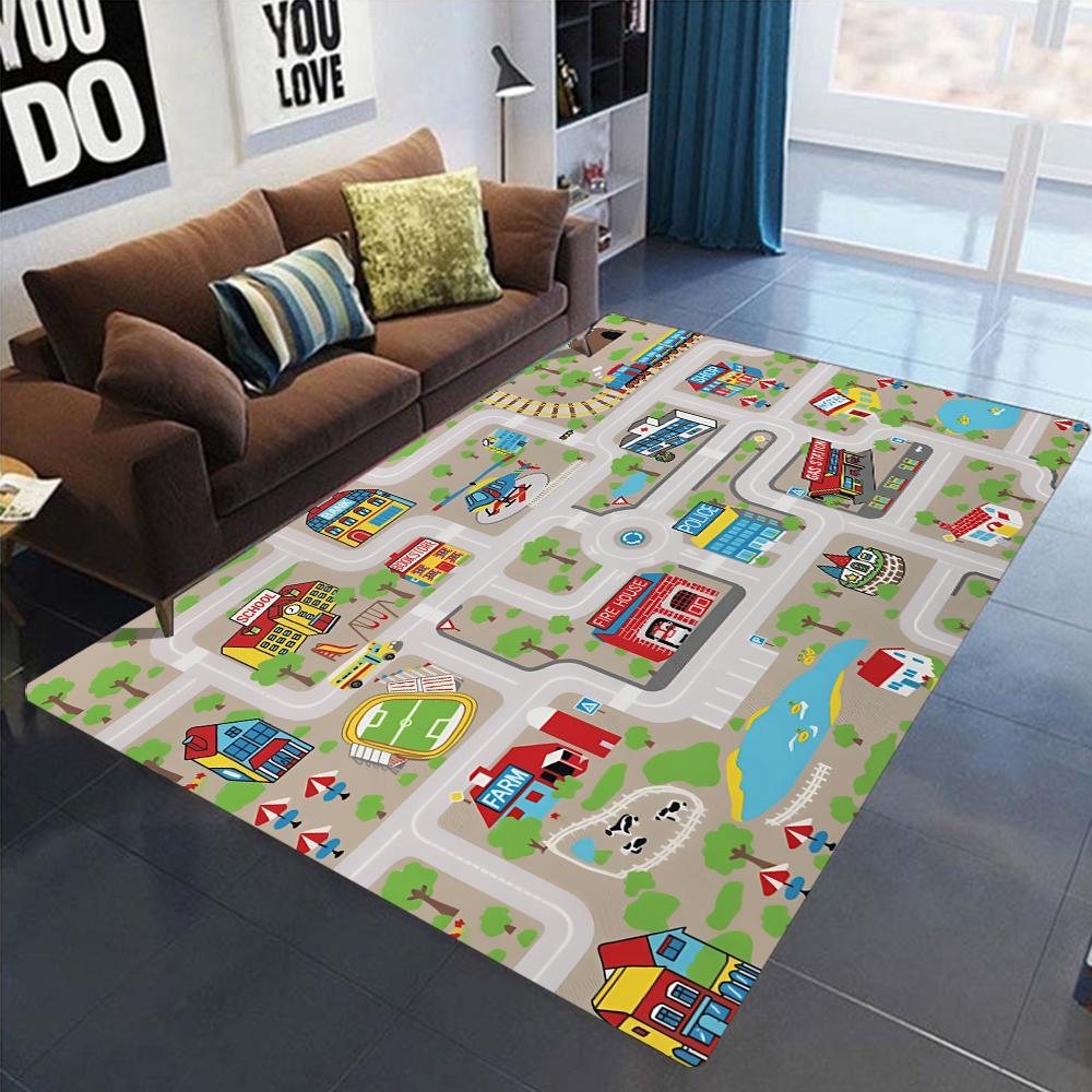 Interactive City Traffic System Kids Rug Educational Road Play Carpet Safe Learning Mat for Childrens Bedroom Living Room