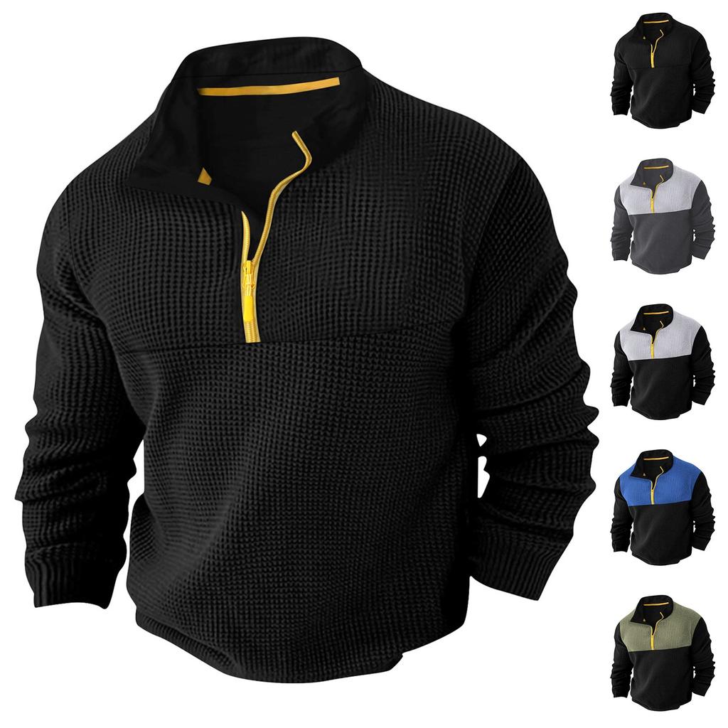 Men's T-Shirt Sweatshirt Casual Sports Colorblock Long-Sleeved High-Neck Half-Zip Top