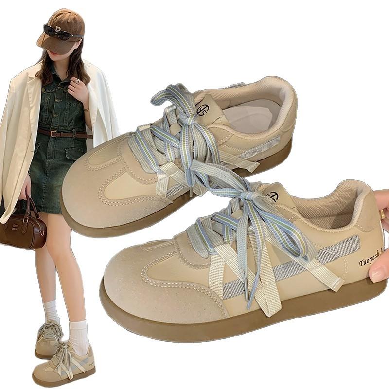 White Retro Versatile Flat-bottomed Inner Height-increasing German Training Shoes for Women's 2025 New Summer Thin Casual Sports Board Shoes