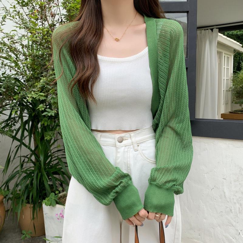2024 Summer Light Knit Cardigan: Thin Loose Shrug with Lantern Sleeves, Airy Sun Protection Cover-Up, Short Top Jacket.