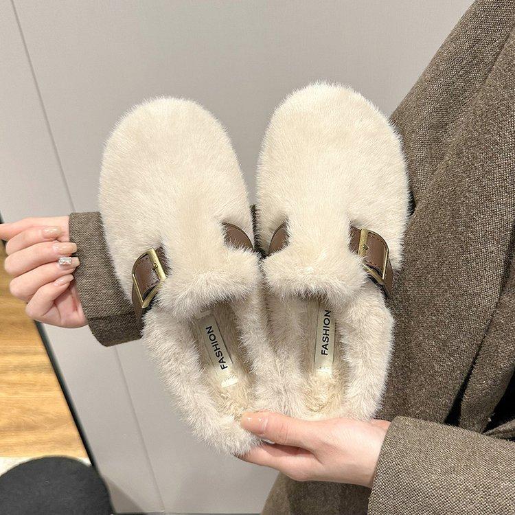 Mao Mao Slippers Women's Outer Wear 2025 New Autumn and Winter One-pedal High-end Mink Plush Cotton Slippers