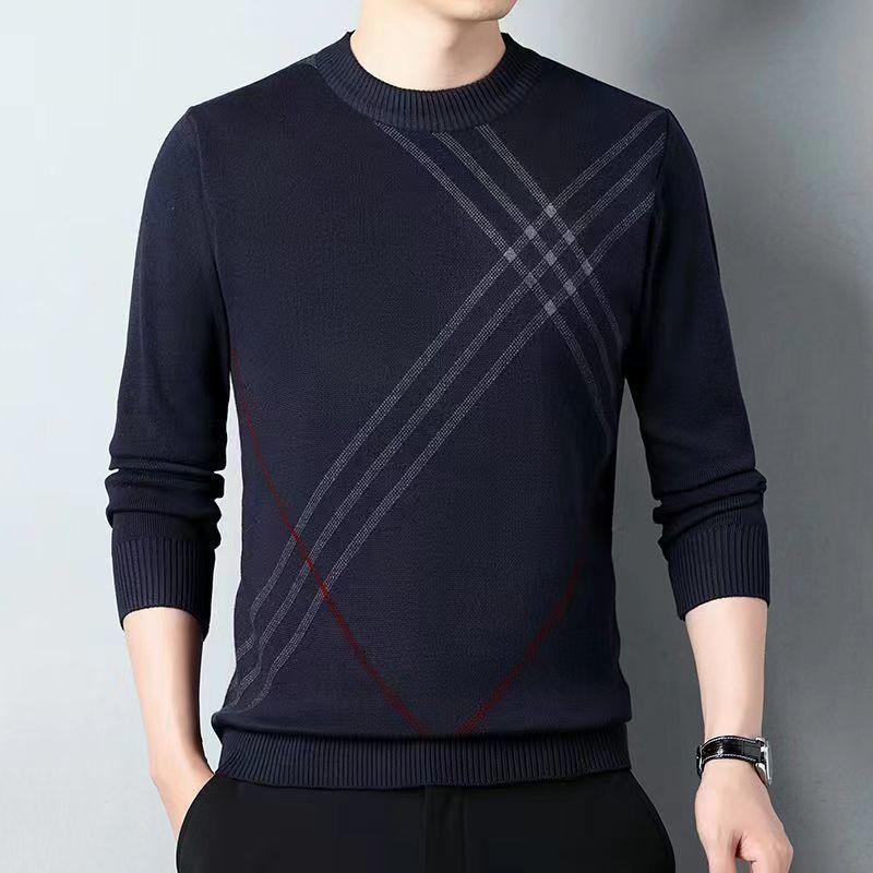 Korean High-end Autumn New Fleece Thickened Winter Warm Sweater Men's Solid Print O-neck Pullover Patchwork Knit Long Sleeve Top
