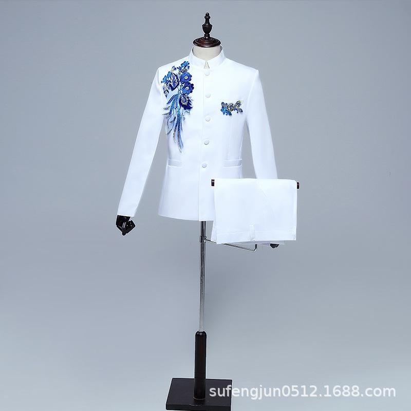 Men's Red Sequined Zhongshan Suit for Stage Performance, Chorus, and Events