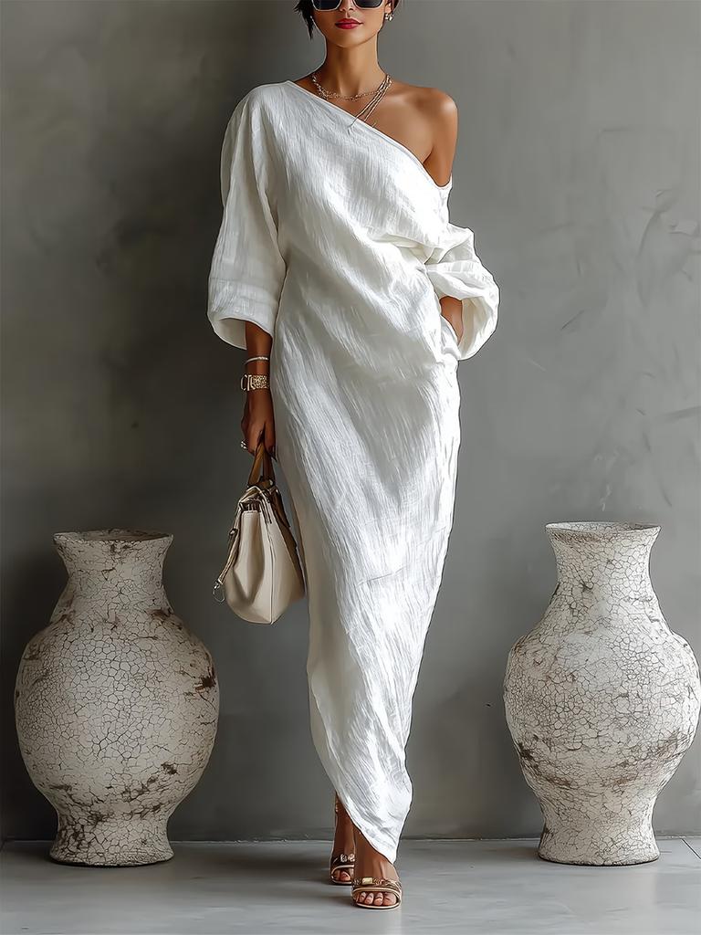 New Summer Fashion High-End Women's Long Sleeve Off-Shoulder Maxi Dress Mid-Waist Tucked-In Style