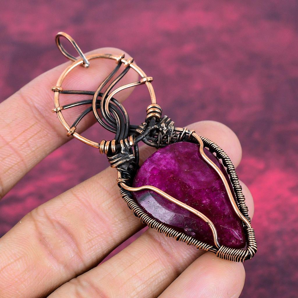 Faceted Kashmir Ruby Real Gemstone Pendant Copper Wire Wrapped Handmade Pendant