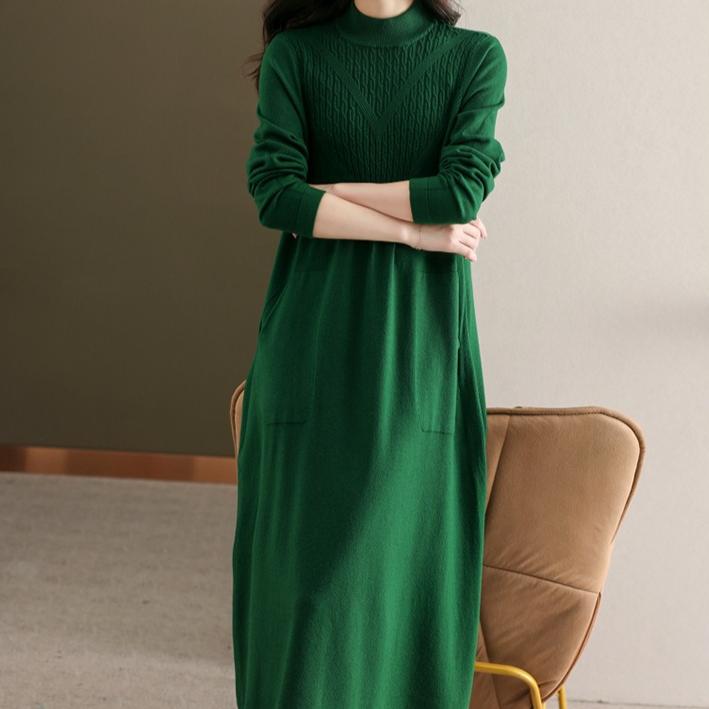 Jednobarevné pletené šaty pro ženy na podzim a zimu Svetrové šaty ke kolenům Volný svetr střední délky