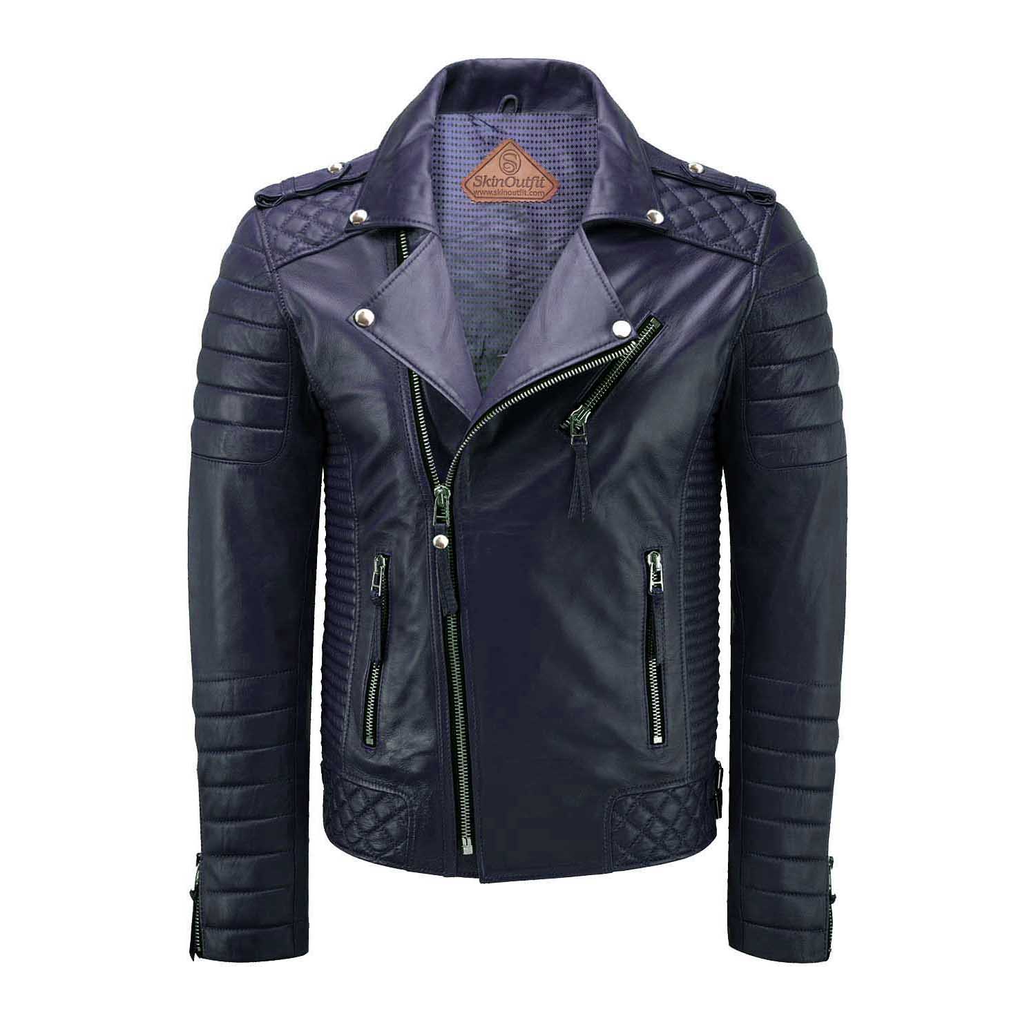 

SKINOUTFIT Men s Motorcycle Leather Jacket Genuine Blue Lambskin Café Racer Biker Outerwear XXL синій