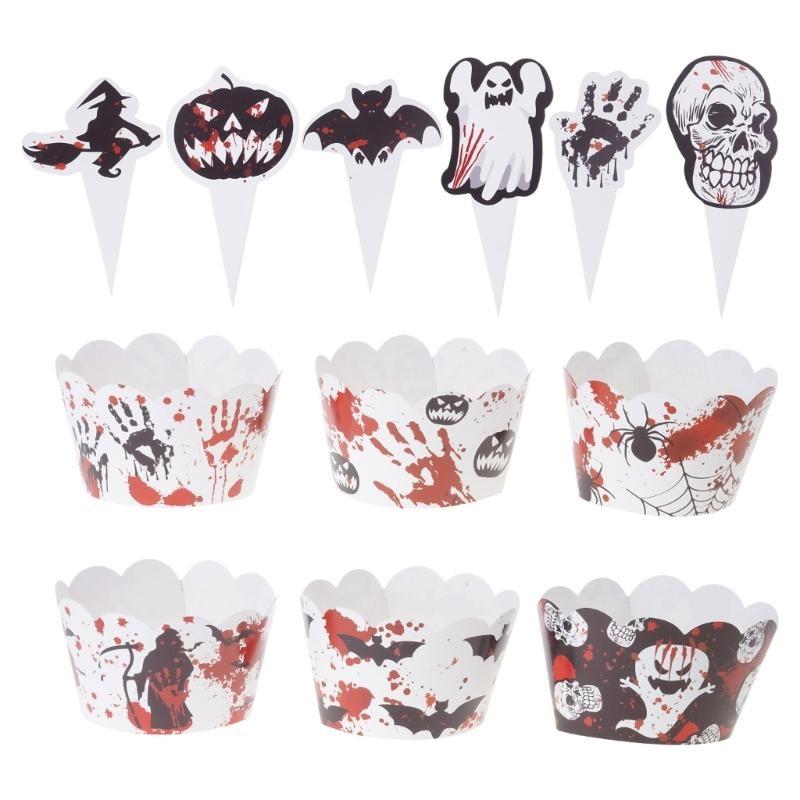 652F Halloween Theme Small Cupcake Toppers Cupcake Wraps Party Decorations Mini Pumpkins Skull Bat Cupcake Decoration