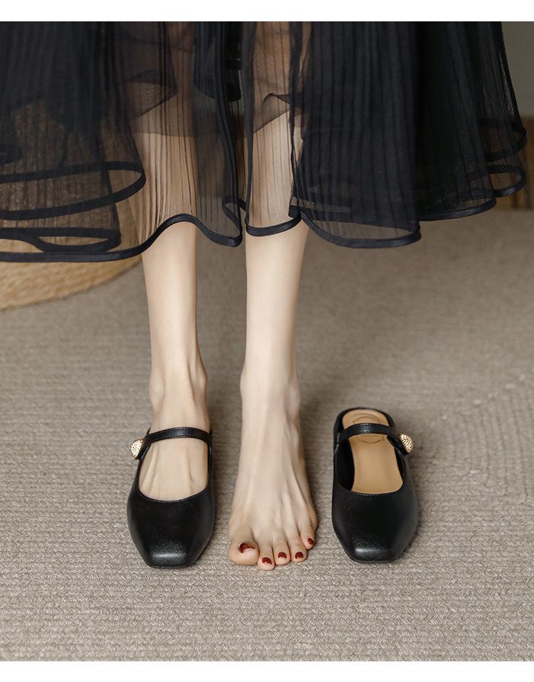 Genuine Leather Women's Chunky Heel Pointed Toe Slippers - Versatile French Style for Spring/Summer