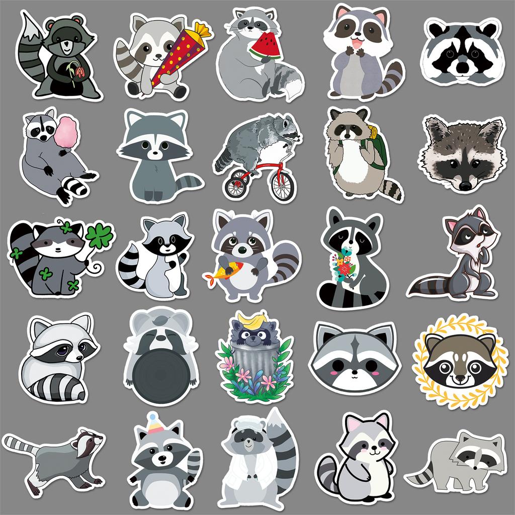 50 Pictures of Little Raccoon Doodle Cartoon Animals Children's Cognitive Guka DIY Skateboard Suitcase Stickers Waterproof