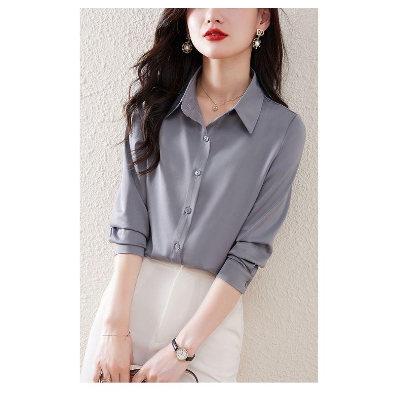 

Шелковая рубашка для женщин Топ из шелка тутового дерева 2025 Одежда Весна и Осень Новое поступление Корейский стиль Аутентичный Однотонный Динамичная рубашка Girdear для женщин Medium Gray L