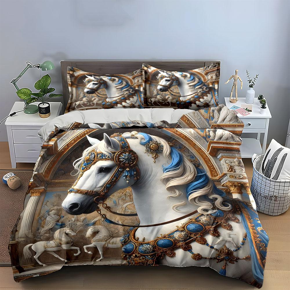 Majestic White Horse Design Bedding Duvet Cover Set  (1*Duvet Cover 2*Pillowcases, Without Duvet Insert)