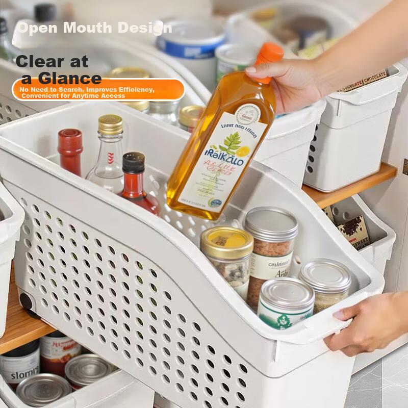 Jiabangshu Kitchen Storage Basket with Wheels Large Storage Box Spice Miscellaneous Cabinet Storage Box Under Sink Pull-Out Organizer Basket