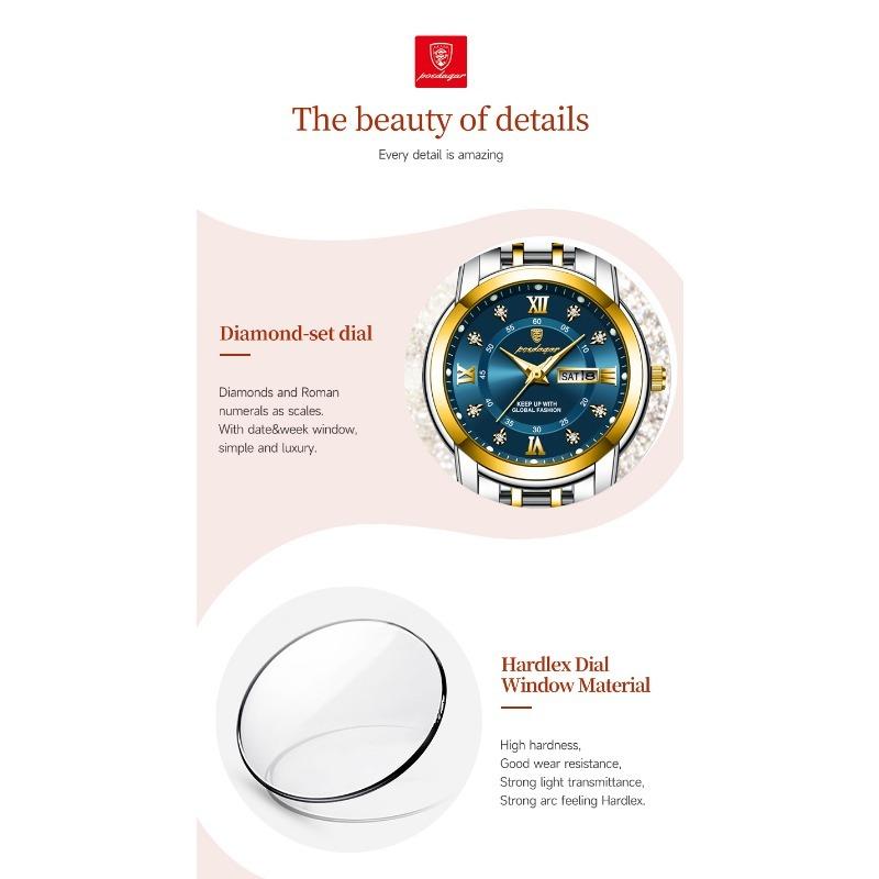 POEDAGAR Casual Women Wristwatch Waterproof Luminous Date Week Quartz Watches Stainless Steel Elegant Dress Ladies Watch