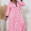 Spring Autumn Plus Size XL-5XL Pink Graphic Printed Long Sleeve Women Nightgown Sexy V Neck Oversized Sleepwear Female Nightwear Homwear Clothing