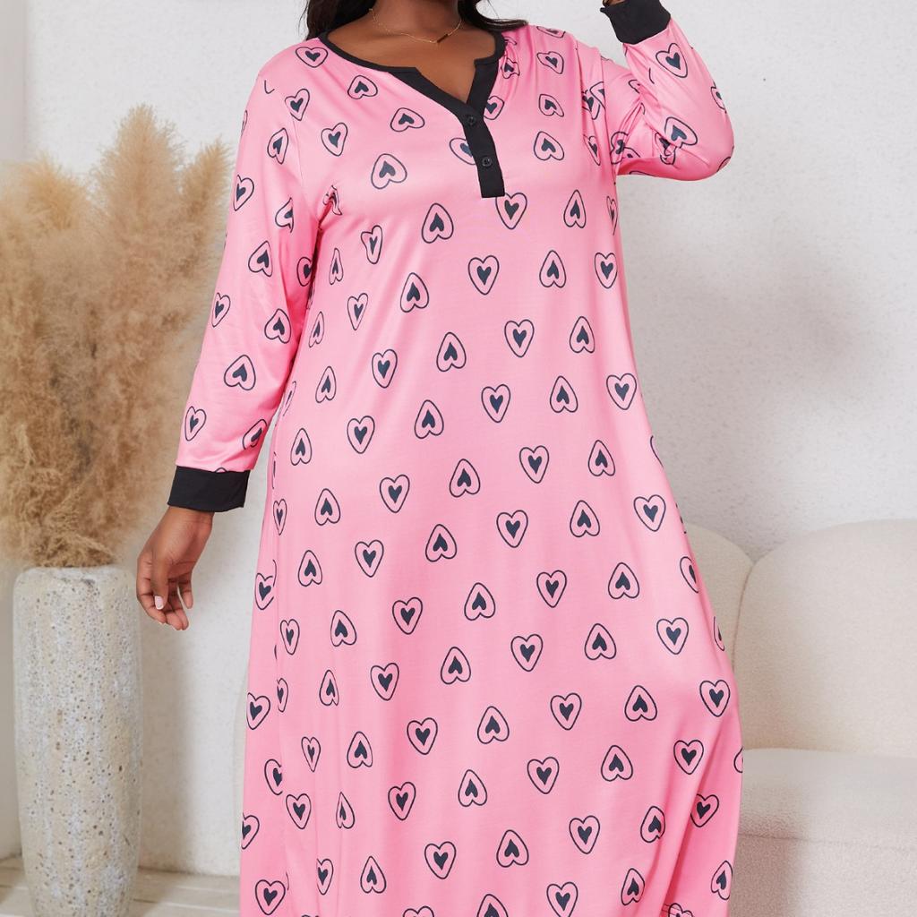 Spring Autumn Plus Size XL-5XL Pink Graphic Printed Long Sleeve Women Nightgown Sexy V Neck Oversized Sleepwear Female Nightwear Homwear Clothing