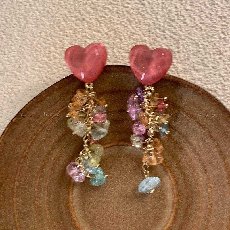 

Летние дофаминовые серьги-кисточки с преувеличенным гравием Heart gravel tassel earrings-Silver Needle