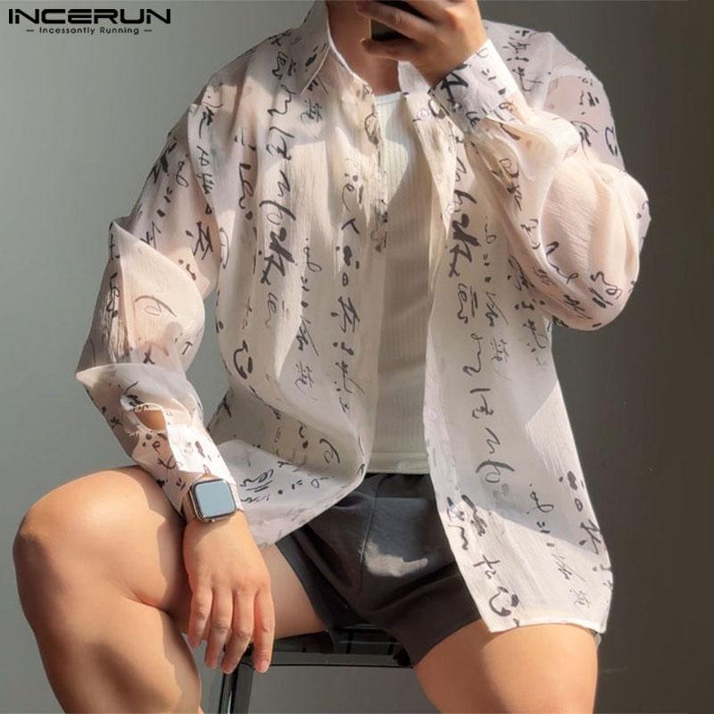 INCERUN Oversized Vintage Men Long Sleeve Print Semi-Sheer Tops T-shirts