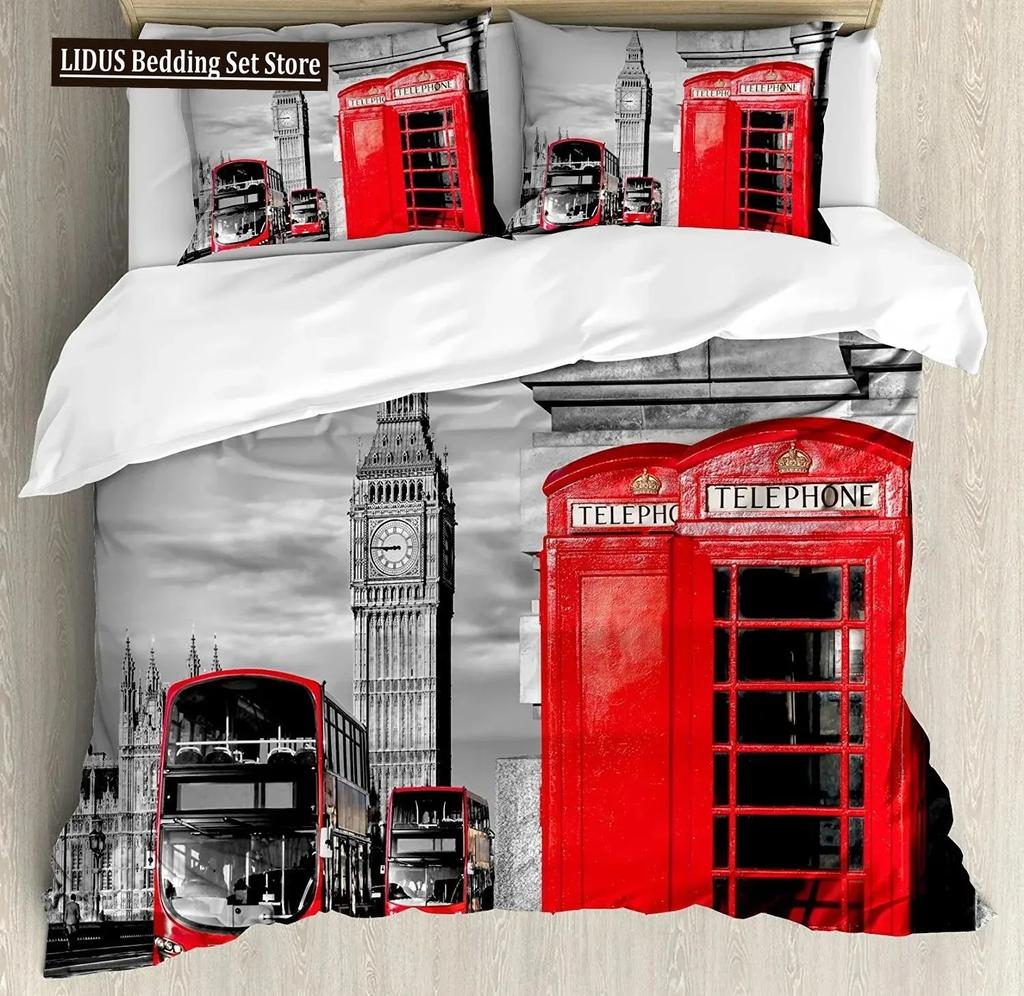 UK London Style King Queen Duvet Cover British Elements Bedding Set for Teens Adults London Bridge Big Ben Polyester Quilt Cover
