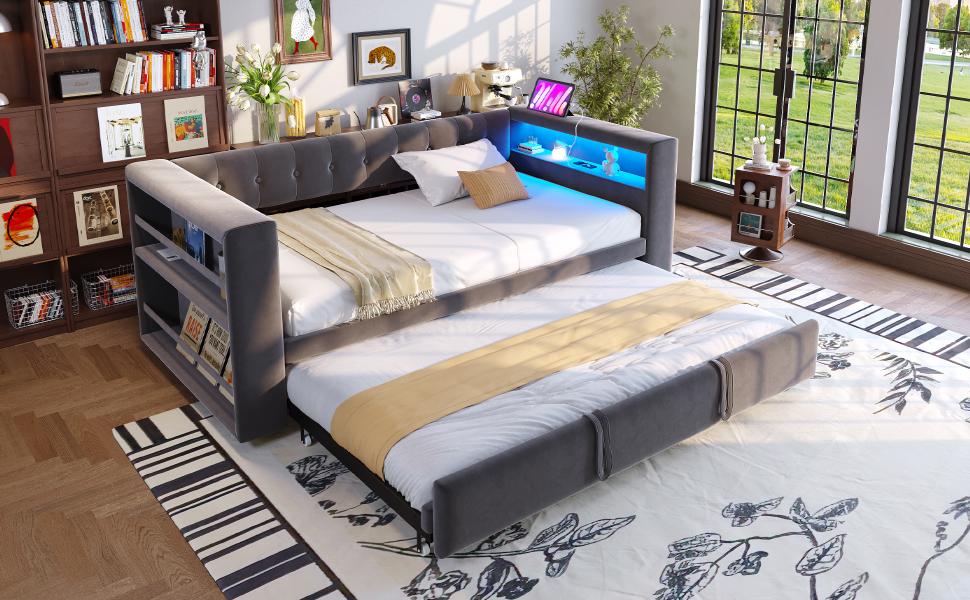 Upholstered Bed 90/180 × 190 Cm, with LED Lighting, Sockets and Lots of Storage; Upholstered Bed, Multifunctional Sofa Bed, Single Bed, Dark Grey
