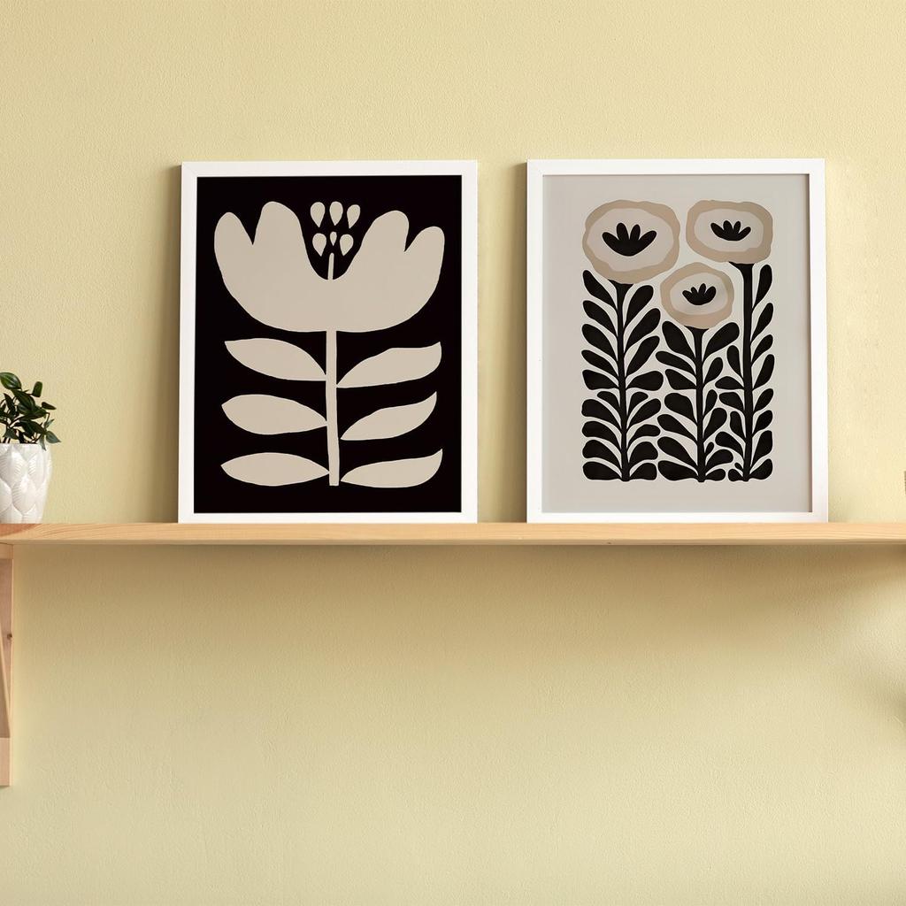 JXREQ Vinatge Boho Abstract Matisse Floral Wall Art, Mid Century Modern Abstract Black and Beige Floral Wall Decor for Home Kitchen Bedroom Bathroom