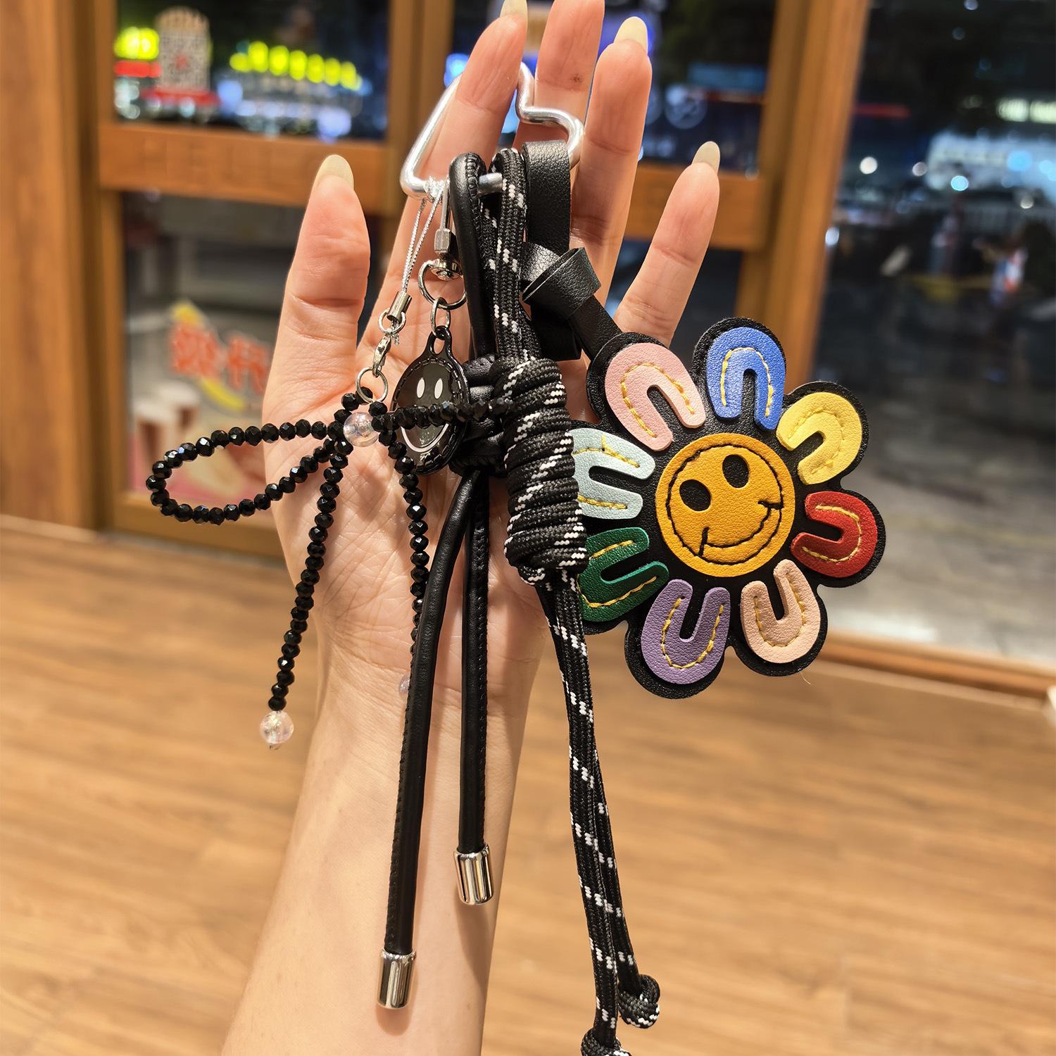 Colorful Smiley Sunflower Keychain, PU Leather Flower Charm with Braided Black Straps,Rainbow Sunflower Keychain, Smiley Charm