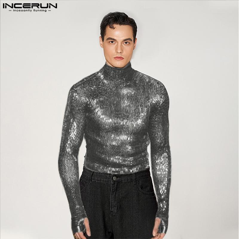 

INCERUN: весенне-осенние мужские блестящие облегающие топы с высоким воротником