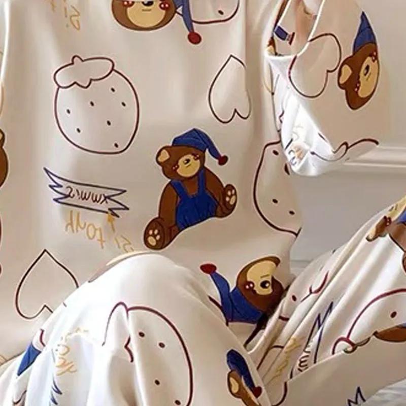 Long-Sleeved Pyjamas Female Fall and Cold Season Korean Version of The Large Size Ladies Home Wear Cute Cartoon Bear Pajamas Set